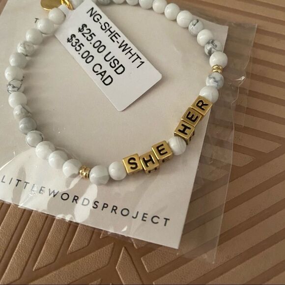 Little Words Project Bracelet She Her Stretch Beaded Gold Marble Neutral Casual - Picture 2 of 5